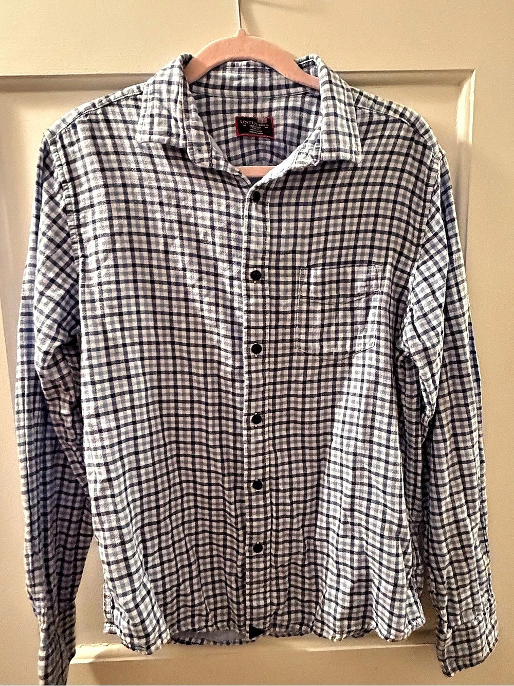 UNTUCKit Slim Fit Plaid Cotton Shirt in White & Blue Size Medium